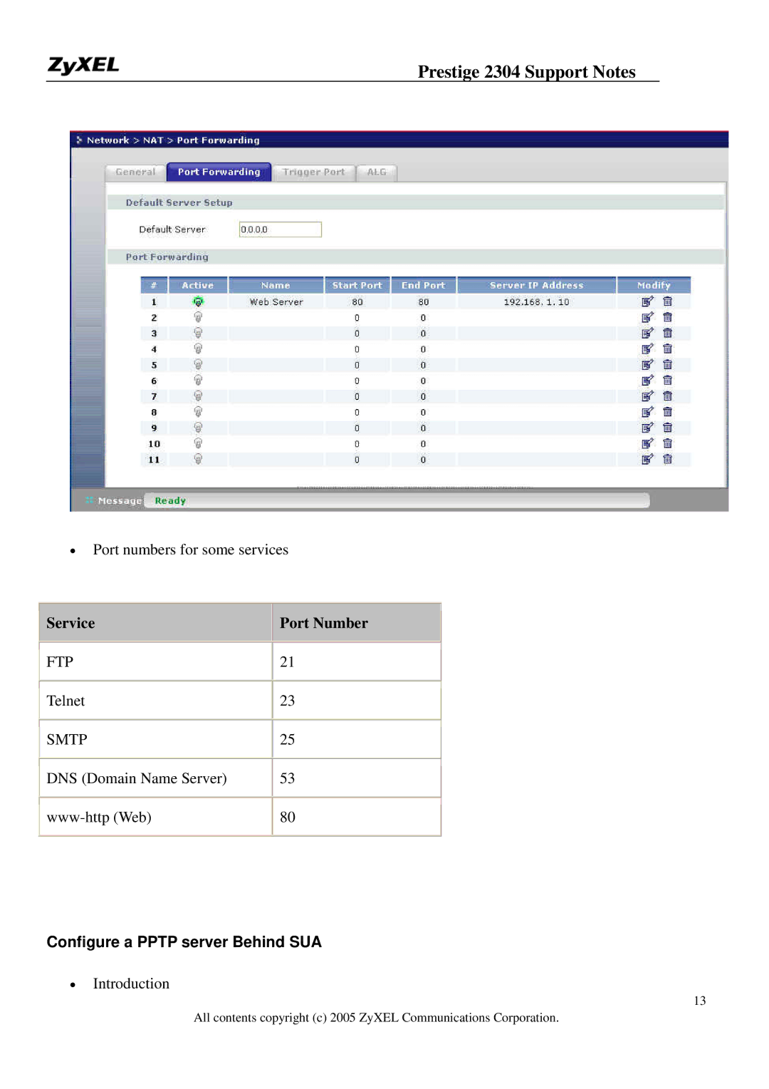 ZyXEL Communications 2304R-P1 manual Service Port Number, Configure a Pptp server Behind SUA 