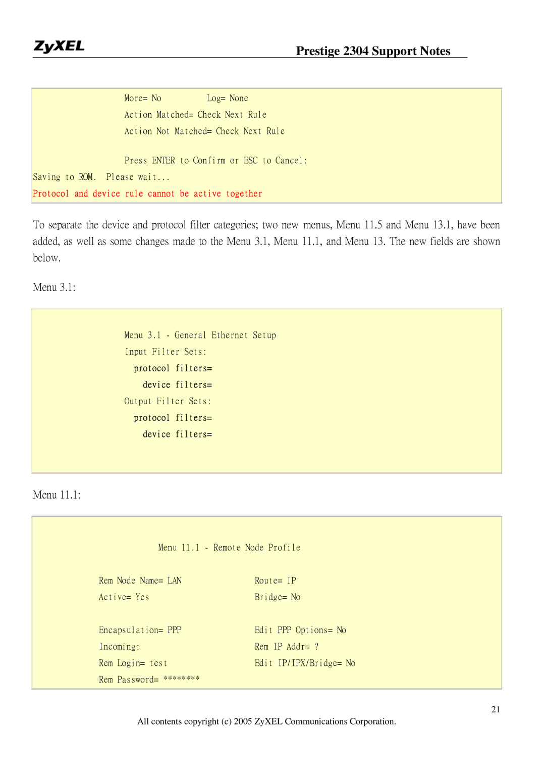 ZyXEL Communications 2304R-P1 manual Protocol and device rule cannot be active together 