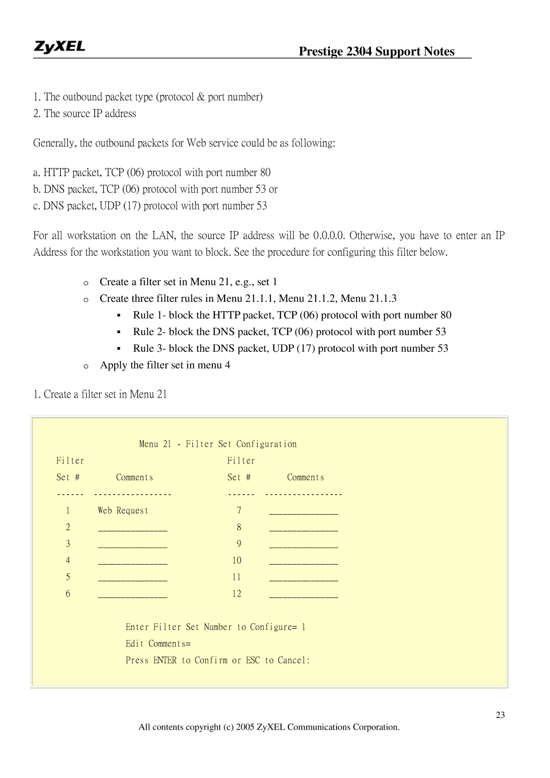 ZyXEL Communications 2304R-P1 manual Create a filter set in Menu 