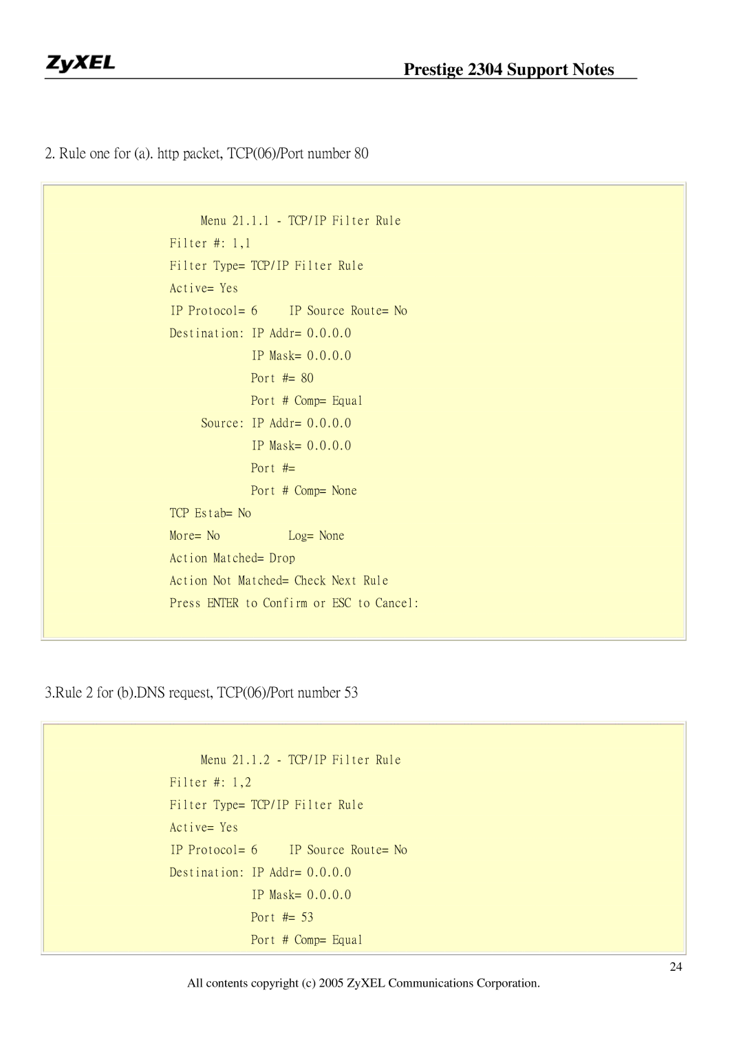 ZyXEL Communications 2304R-P1 manual Rule one for a. http packet, TCP06/Port number 