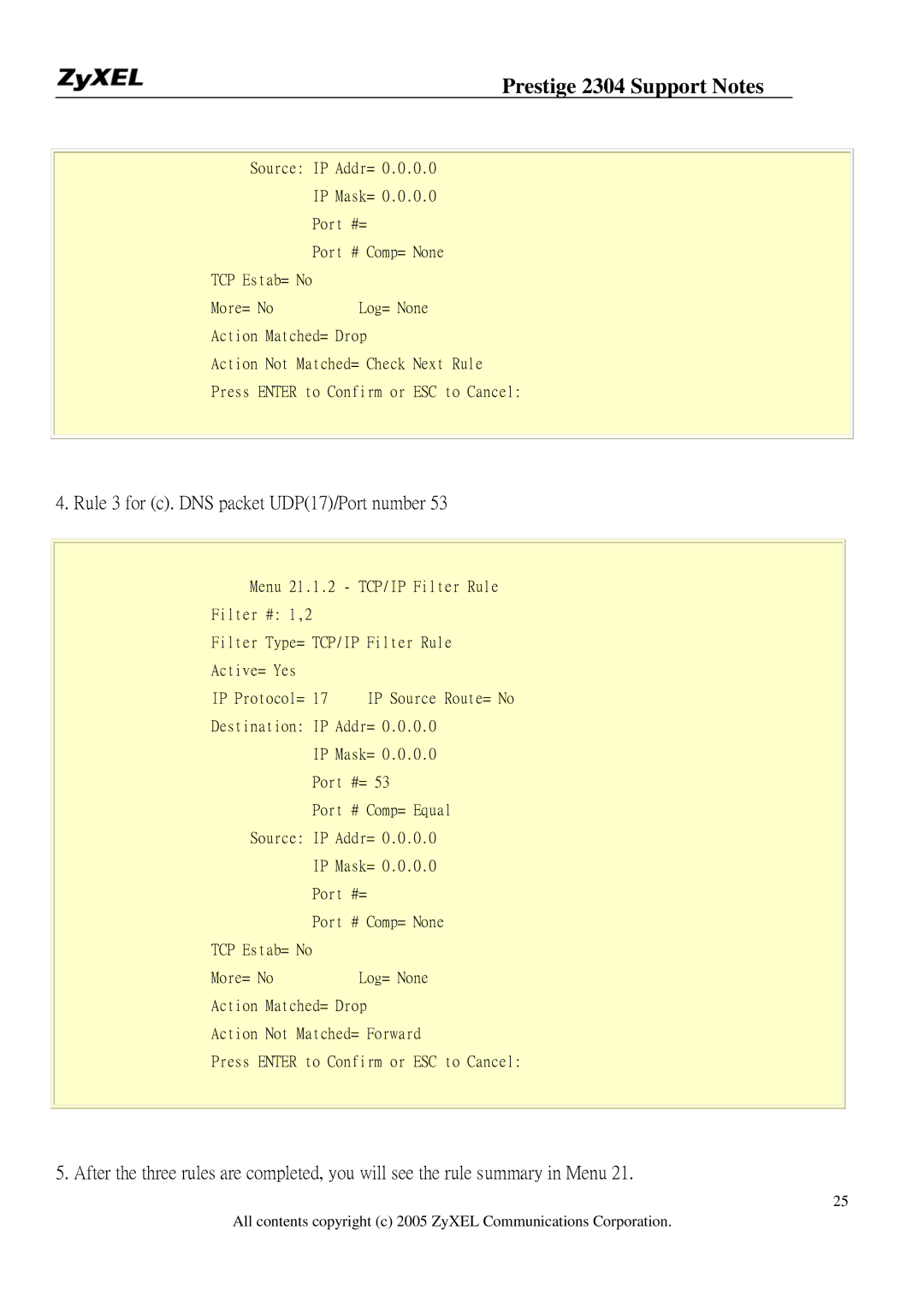 ZyXEL Communications 2304R-P1 manual Rule 3 for c. DNS packet UDP17/Port number 