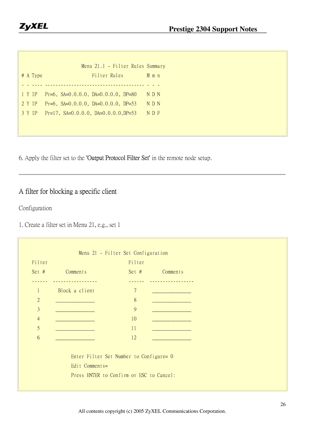 ZyXEL Communications 2304R-P1 manual Filter for blocking a specific client 