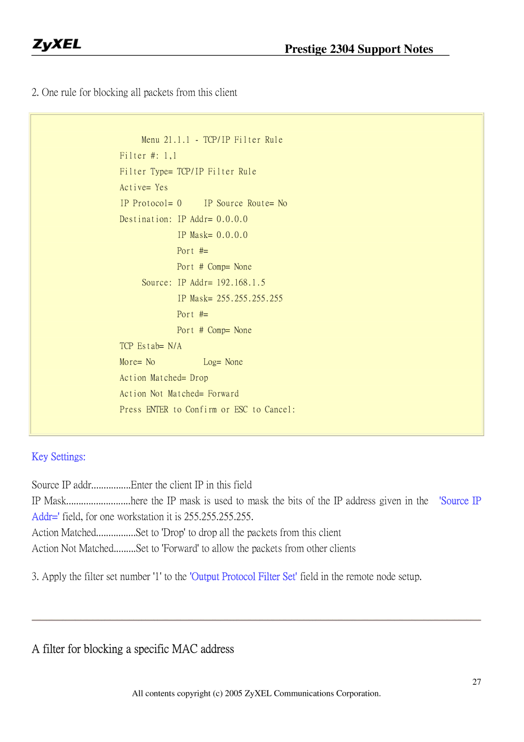 ZyXEL Communications 2304R-P1 manual Filter for blocking a specific MAC address 