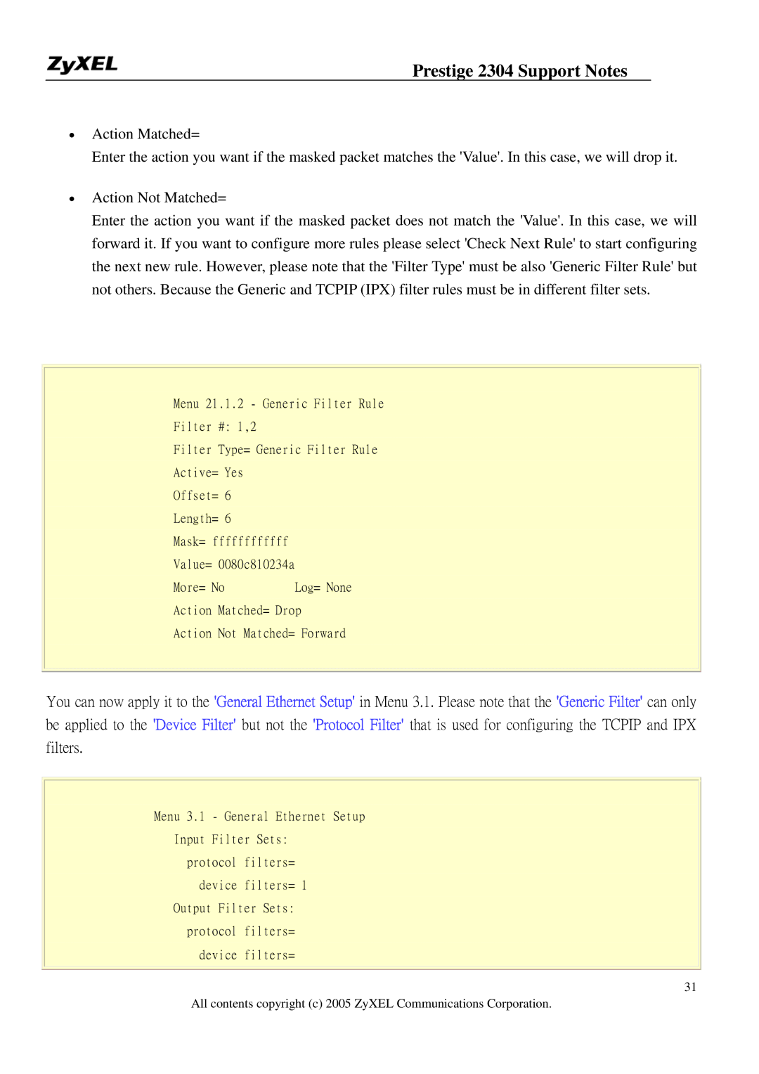 ZyXEL Communications 2304R-P1 manual Menu 3.1 General Ethernet Setup Input Filter Sets 