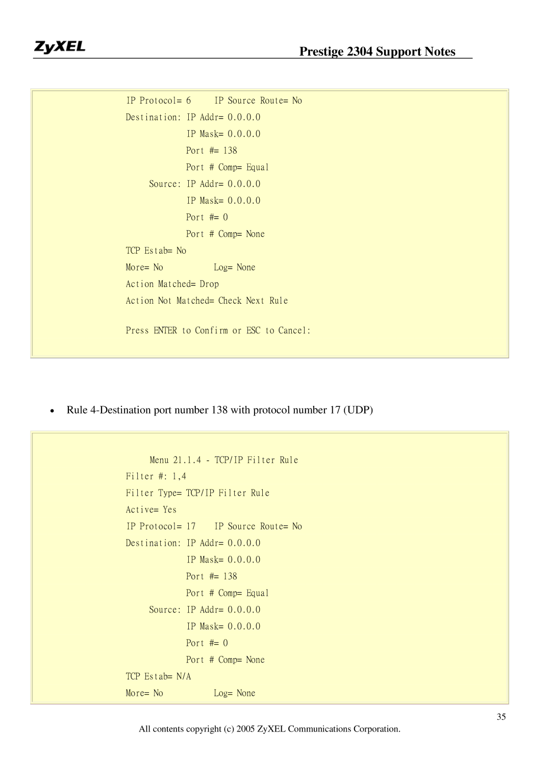 ZyXEL Communications 2304R-P1 manual TCP Estab= N/A More= No Log= None 