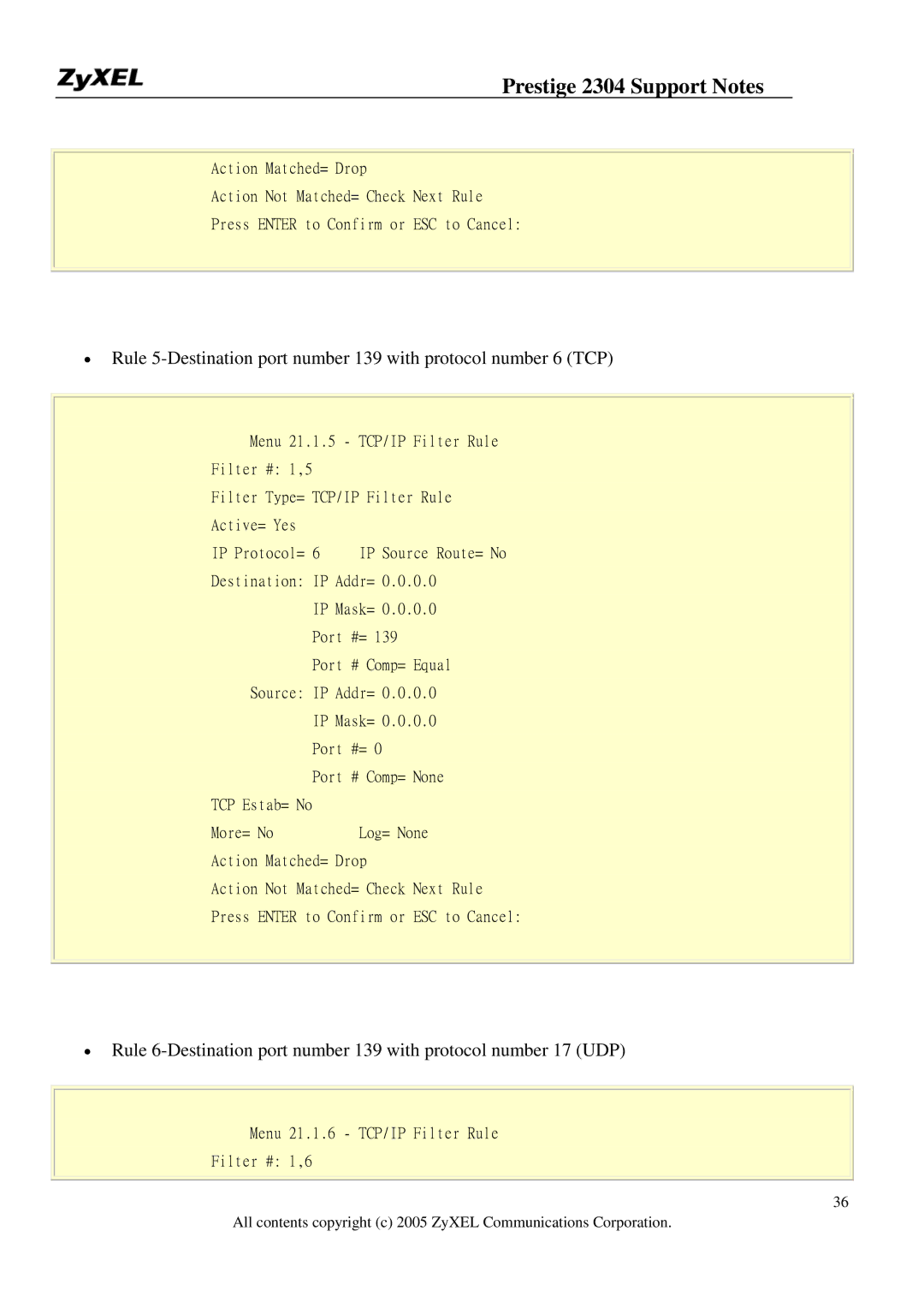ZyXEL Communications 2304R-P1 manual Menu 21.1.6 TCP/IP Filter Rule Filter # 1,6 