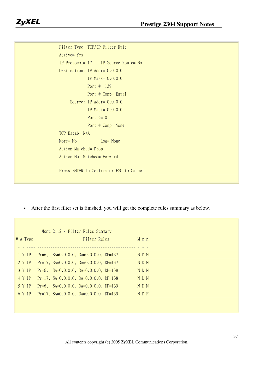 ZyXEL Communications 2304R-P1 manual Menu Filter Rules Summary 