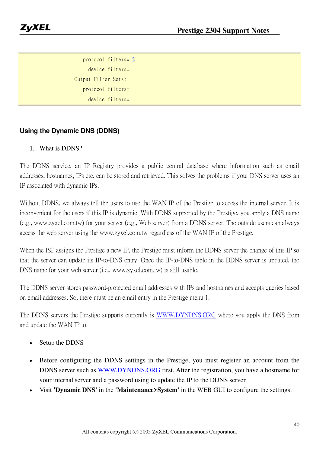 ZyXEL Communications 2304R-P1 manual Using the Dynamic DNS Ddns 