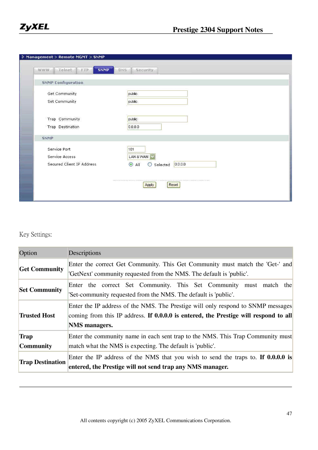 ZyXEL Communications 2304R-P1 manual NMS managers, Entered, the Prestige will not send trap any NMS manager 