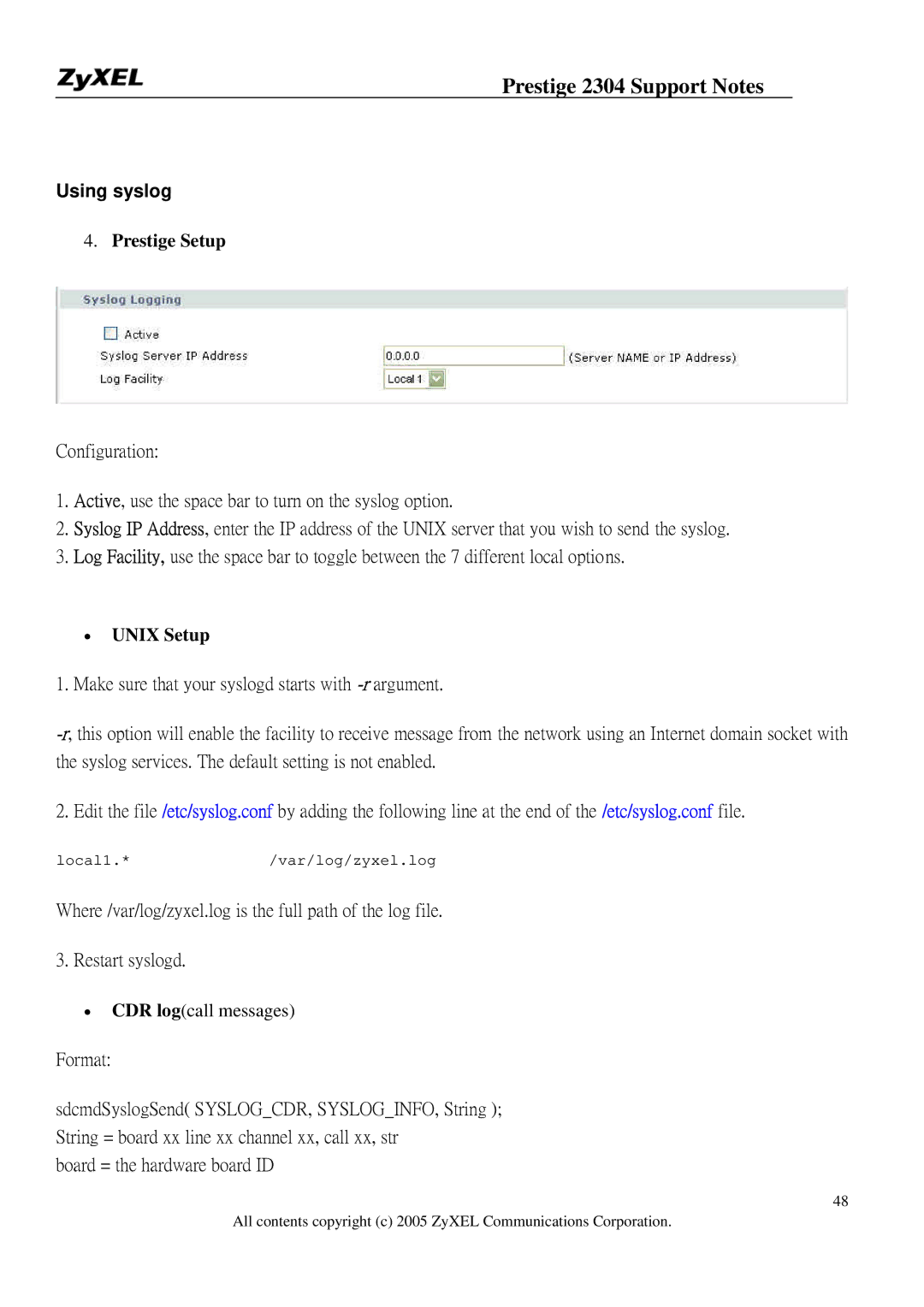 ZyXEL Communications 2304R-P1 manual Using syslog, Prestige Setup, Unix Setup 