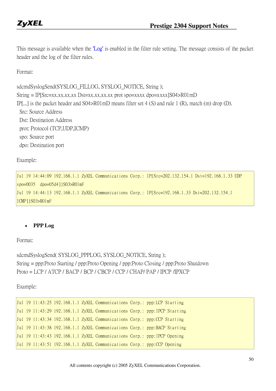 ZyXEL Communications 2304R-P1 manual PPP Log, Format SdcmdSyslogSend SYSLOGPPPLOG, SYSLOGNOTICE, String 