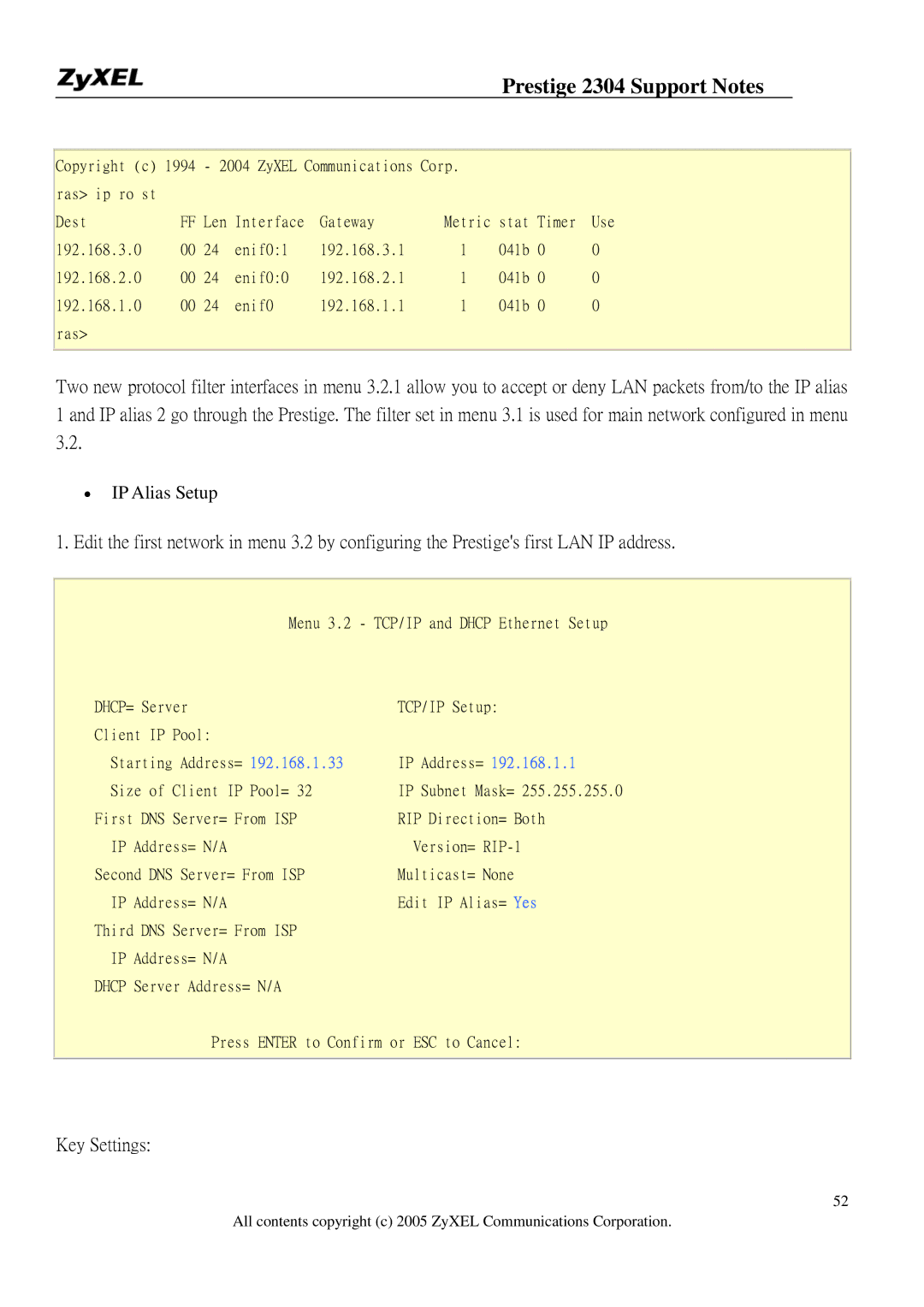 ZyXEL Communications 2304R-P1 manual IP Alias Setup 