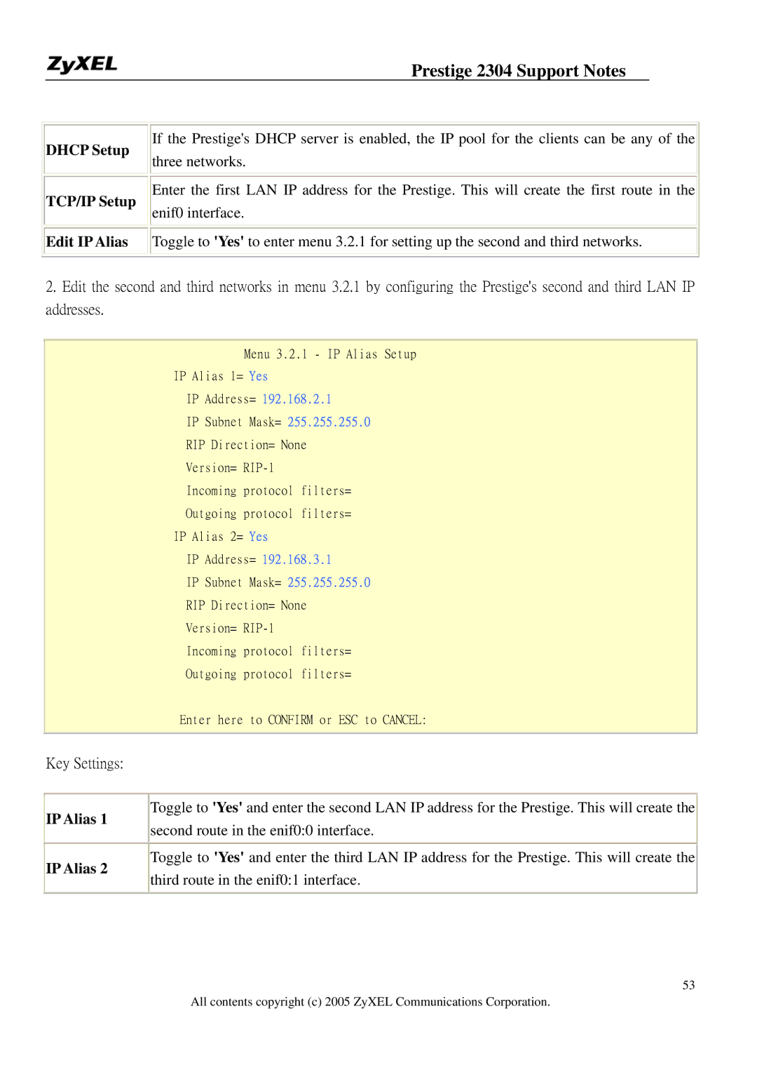 ZyXEL Communications 2304R-P1 manual Dhcp Setup TCP/IP Setup Edit IP Alias 