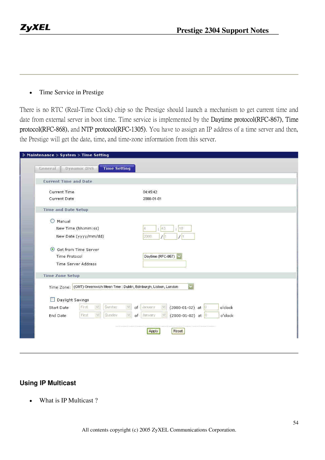 ZyXEL Communications 2304R-P1 manual Time Service in Prestige, Using IP Multicast 