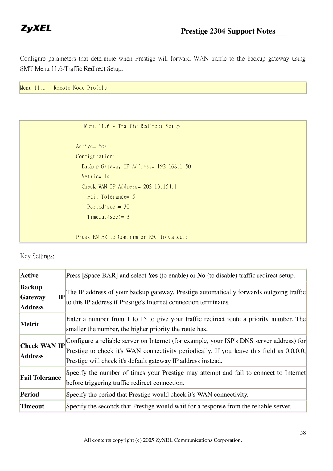 ZyXEL Communications 2304R-P1 manual SMT Menu 11.6-Traffic Redirect Setup 