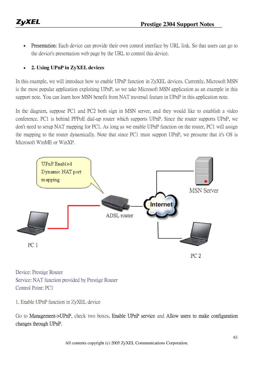 ZyXEL Communications 2304R-P1 manual Using UPnP in ZyXEL devices 