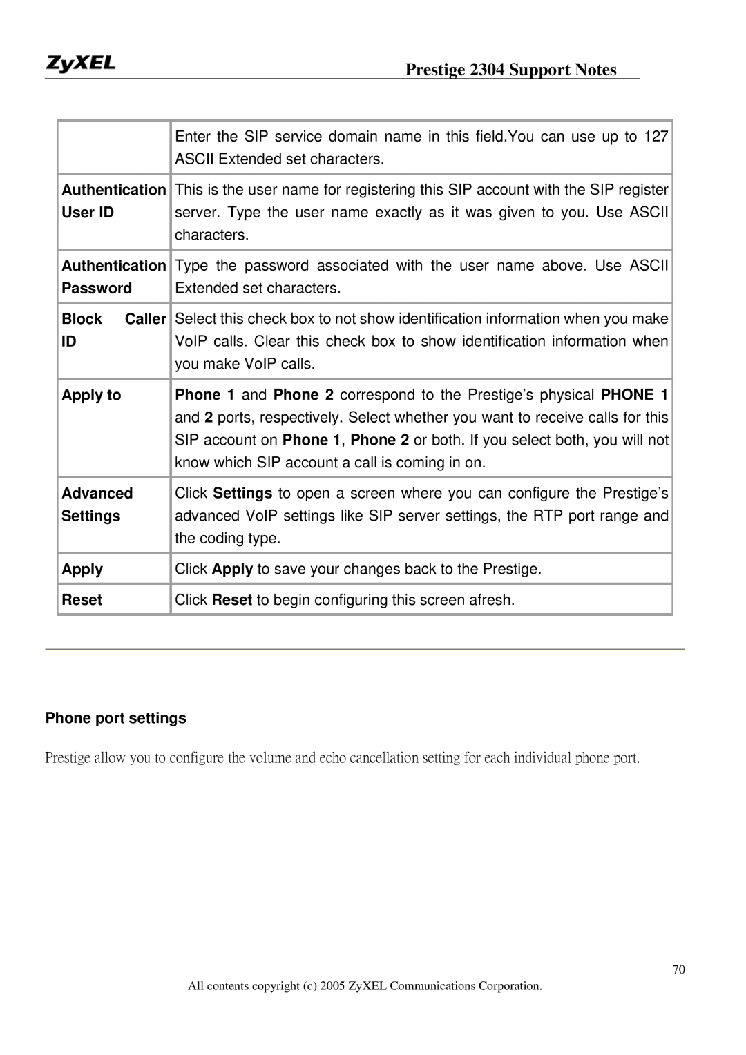 ZyXEL Communications 2304R-P1 manual Authentication, User ID, Password, Block Caller, Apply to, Advanced, Settings, Reset 