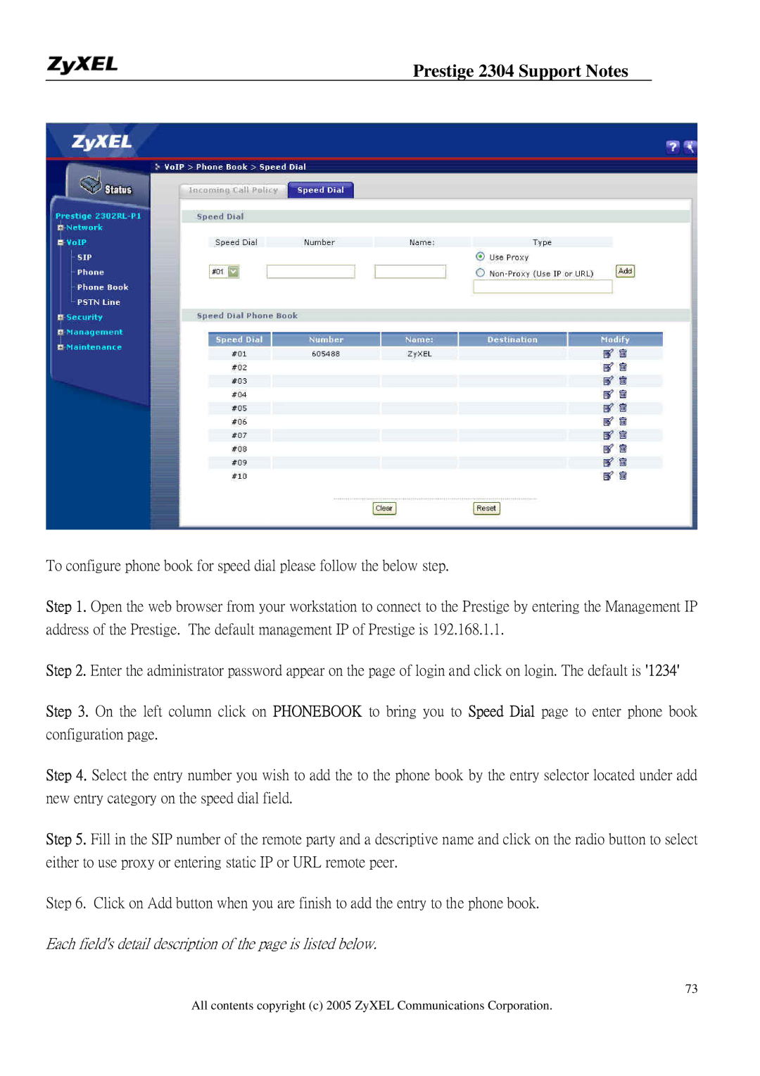 ZyXEL Communications 2304R-P1 manual Each fields detail description of the page is listed below 