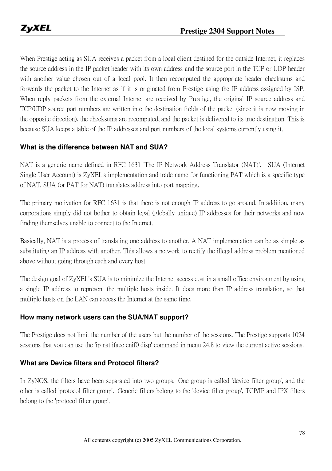 ZyXEL Communications 2304R-P1 What is the difference between NAT and SUA?, How many network users can the SUA/NAT support? 