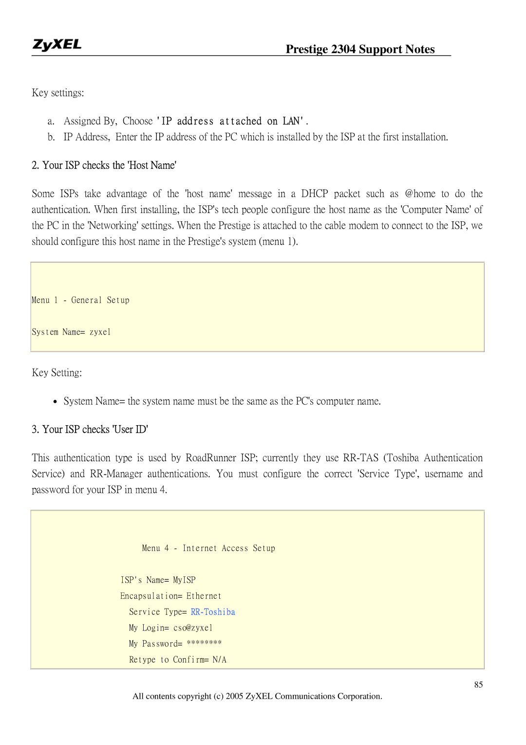 ZyXEL Communications 2304R-P1 manual Your ISP checks the Host Name, Your ISP checks User ID 