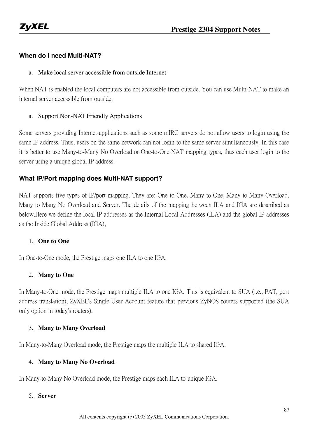 ZyXEL Communications 2304R-P1 manual When do I need Multi-NAT?, What IP/Port mapping does Multi-NAT support? 