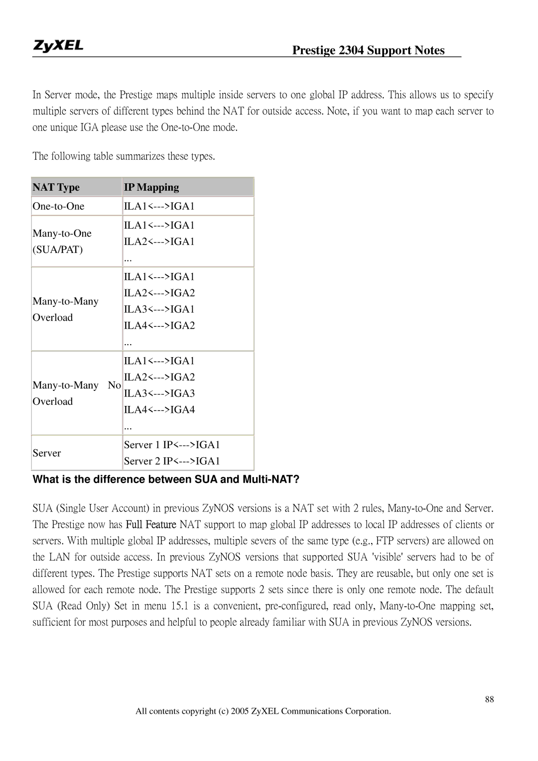 ZyXEL Communications 2304R-P1 manual NAT Type IP Mapping, What is the difference between SUA and Multi-NAT? 