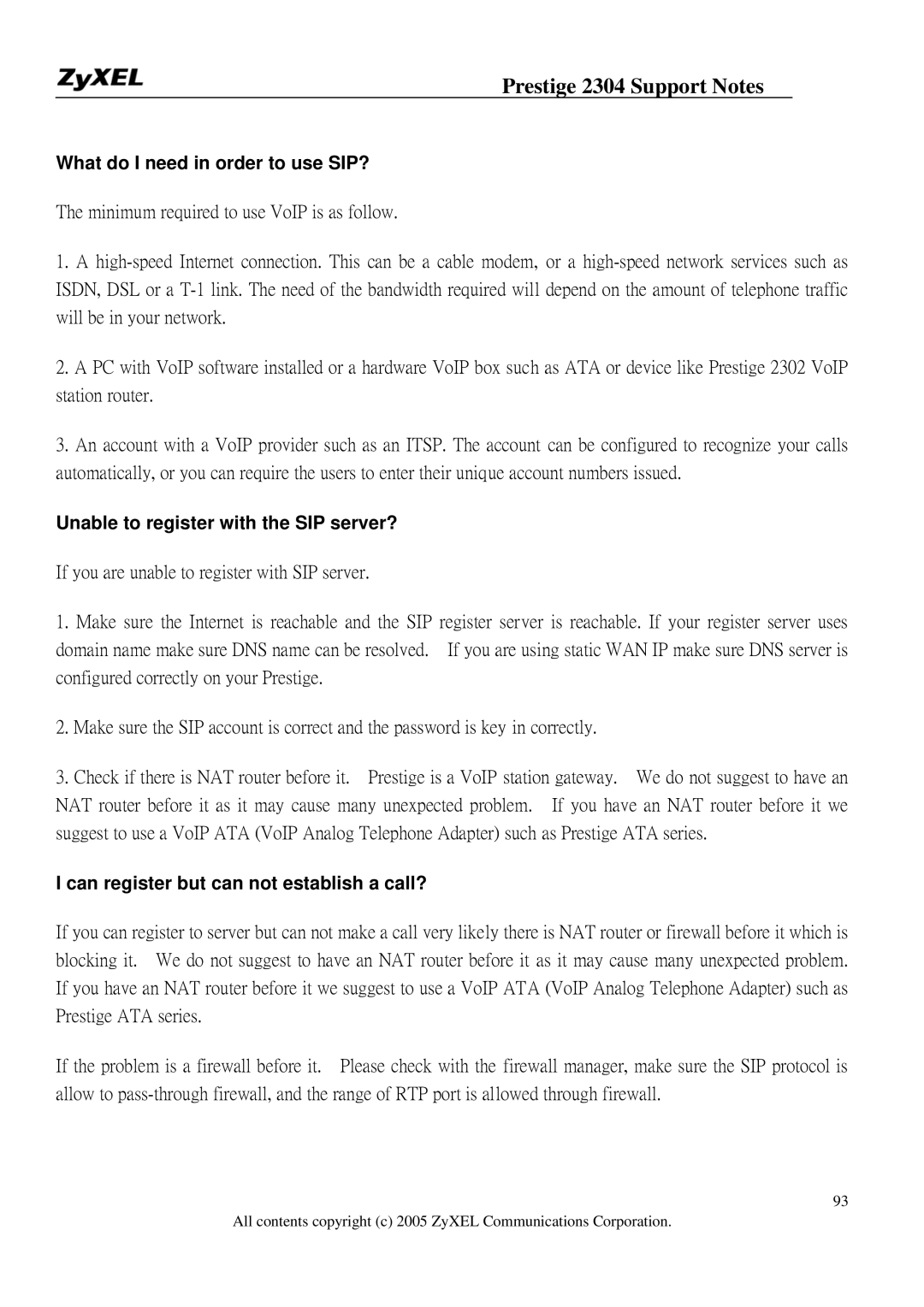 ZyXEL Communications 2304R-P1 manual What do I need in order to use SIP?, Unable to register with the SIP server? 