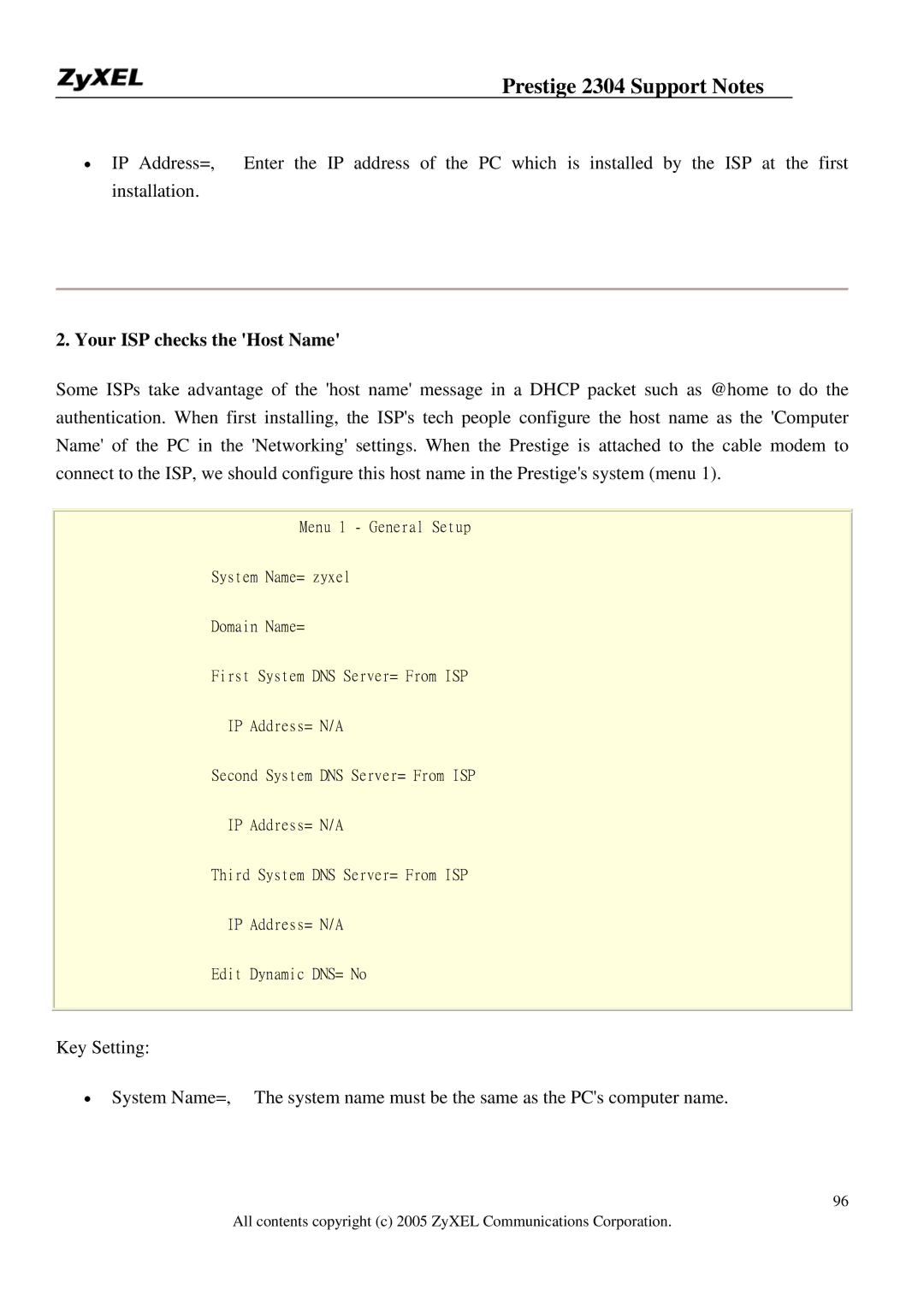 ZyXEL Communications 2304R-P1 manual Your ISP checks the Host Name 