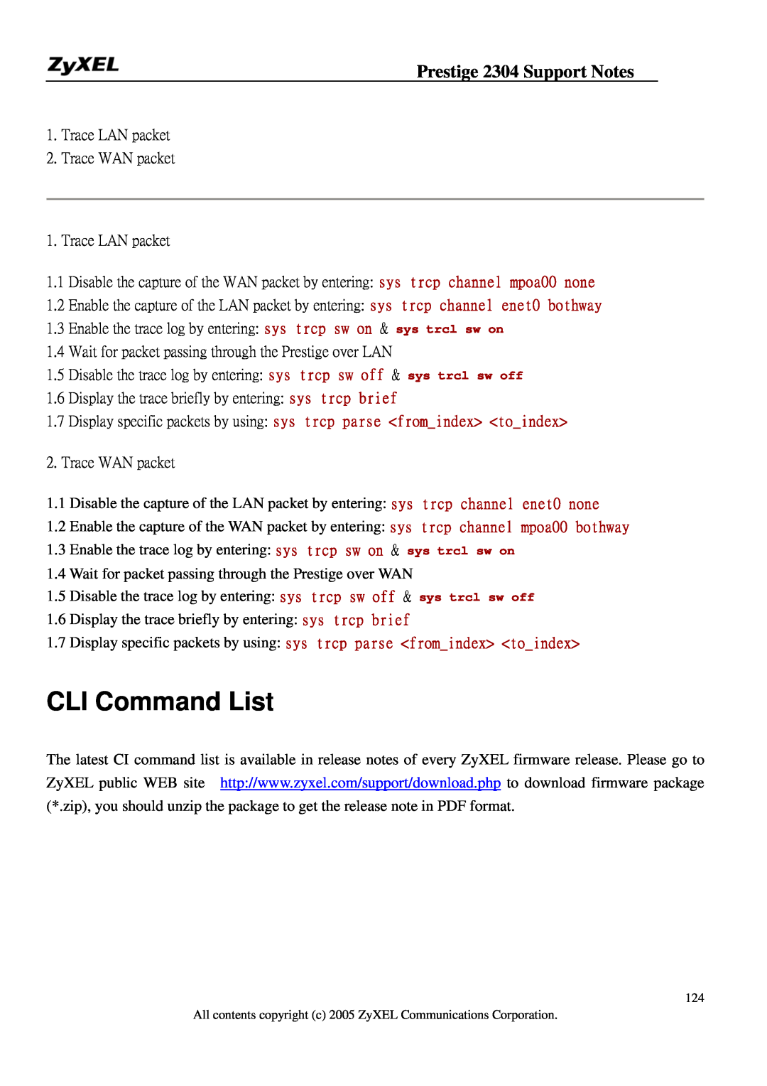 ZyXEL Communications 2304R-P1 manual CLI Command List, Prestige 2304 Support Notes 