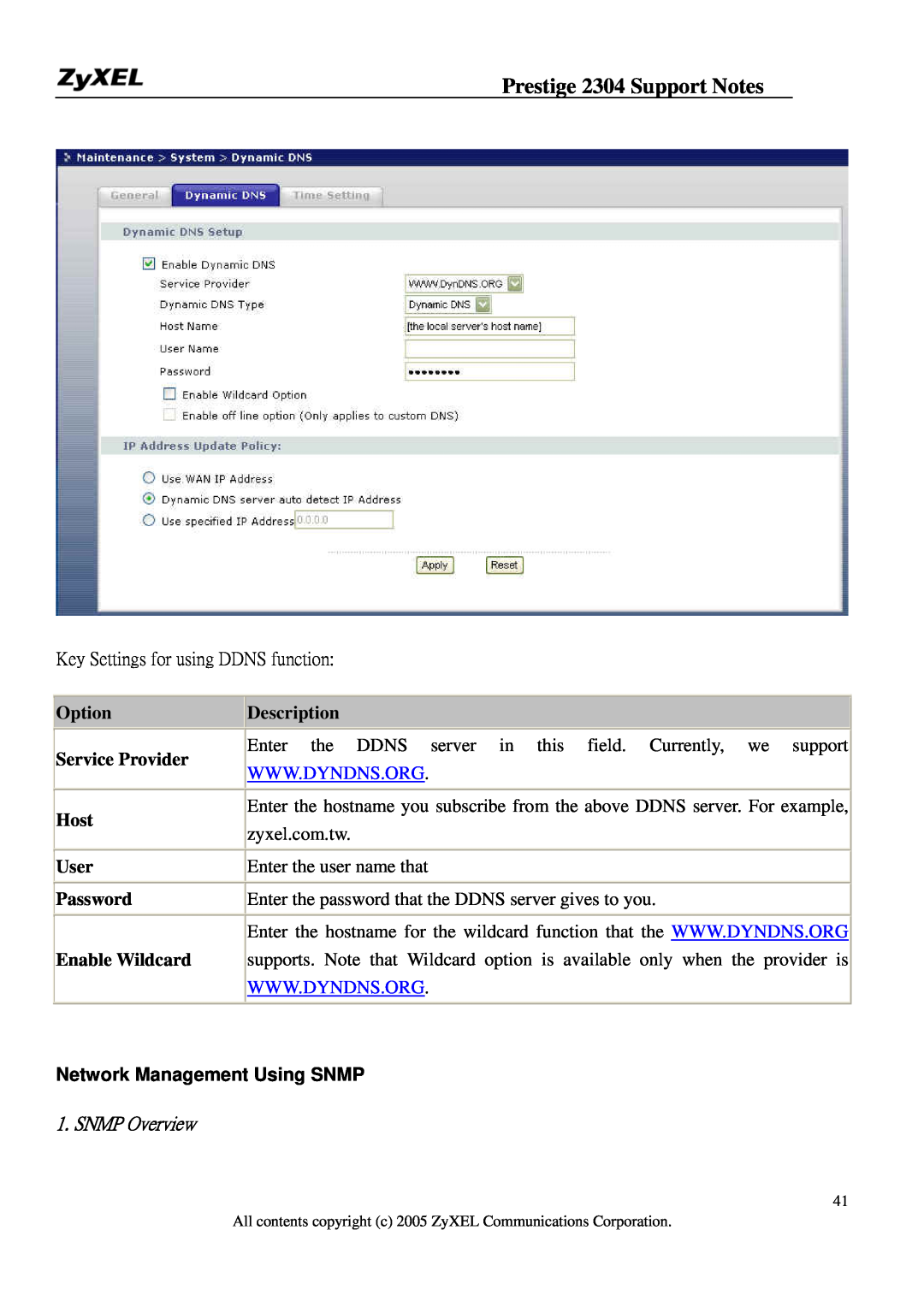 ZyXEL Communications 2304R-P1 manual Option Service Provider Host User Password Enable Wildcard, Description, SNMP Overview 