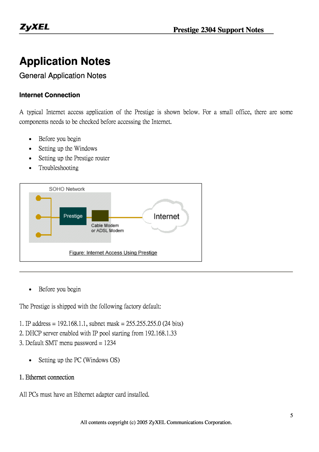 ZyXEL Communications 2304R-P1 manual General Application Notes, Internet Connection, Ethernet connection 