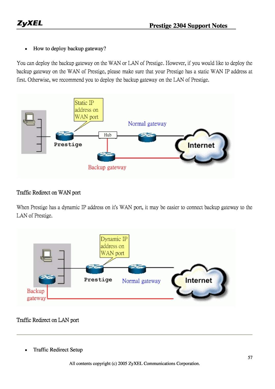 ZyXEL Communications 2304R-P1 Traffic Redirect on WAN port, Traffic Redirect on LAN port, Prestige 2304 Support Notes 