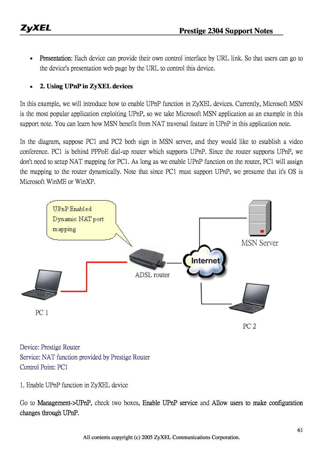 ZyXEL Communications 2304R-P1 manual Using UPnP in ZyXEL devices, Prestige 2304 Support Notes, Device Prestige Router 