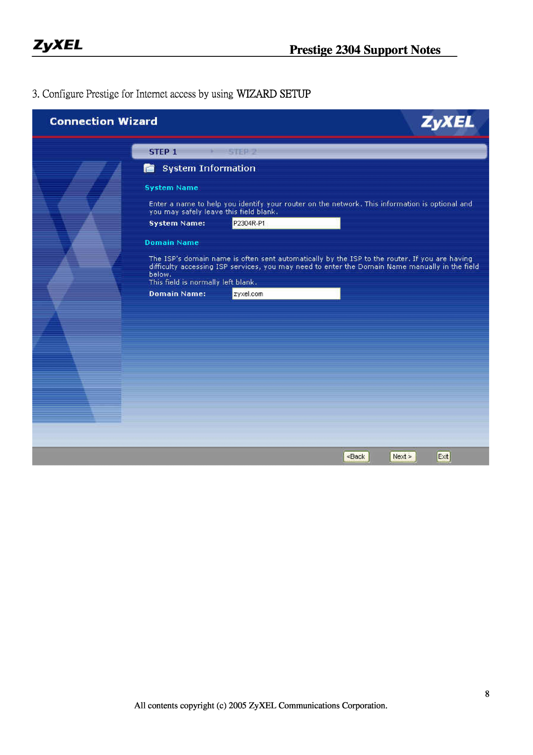 ZyXEL Communications 2304R-P1 Prestige 2304 Support Notes, Configure Prestige for Internet access by using WIZARD SETUP 