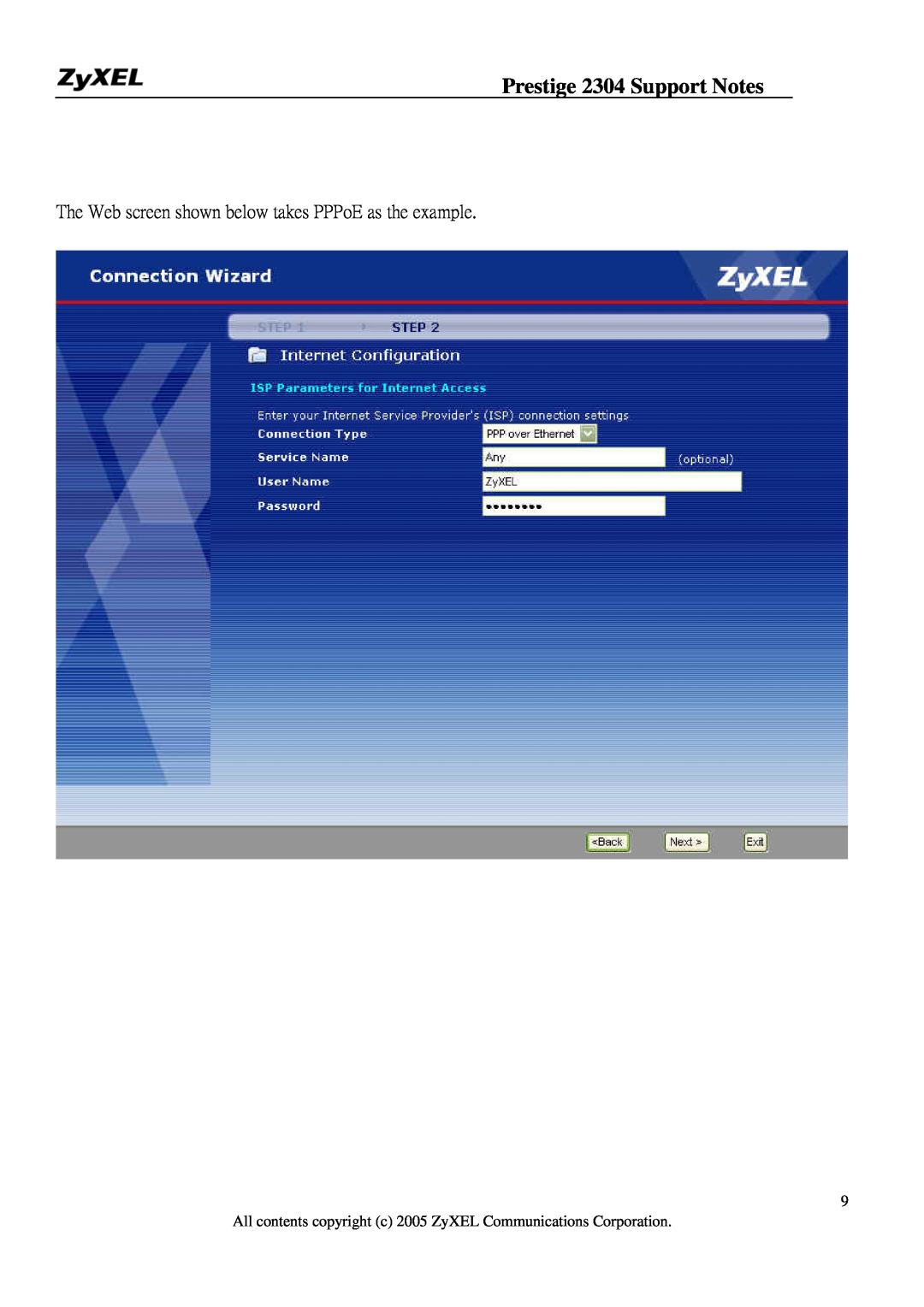 ZyXEL Communications 2304R-P1 manual Prestige 2304 Support Notes, The Web screen shown below takes PPPoE as the example 