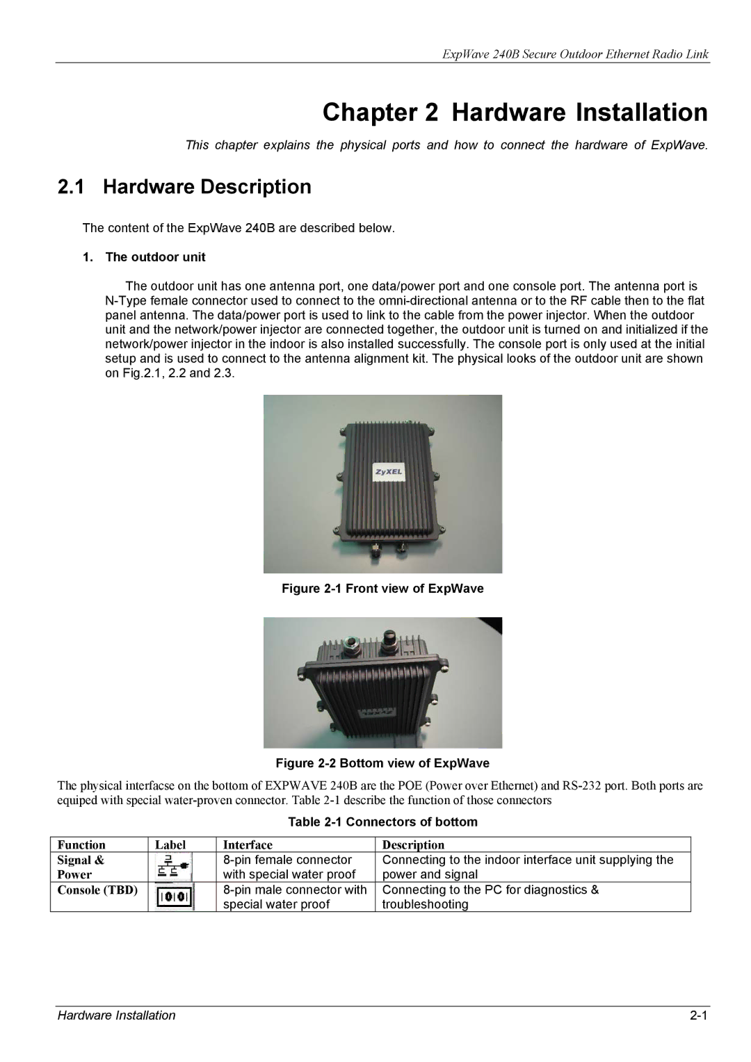 ZyXEL Communications 240B manual Hardware Installation, Hardware Description, Outdoor unit, Connectors of bottom 