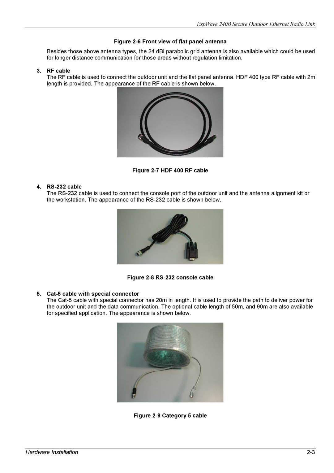 ZyXEL Communications 240B manual Front view of flat panel antenna, RF cable 