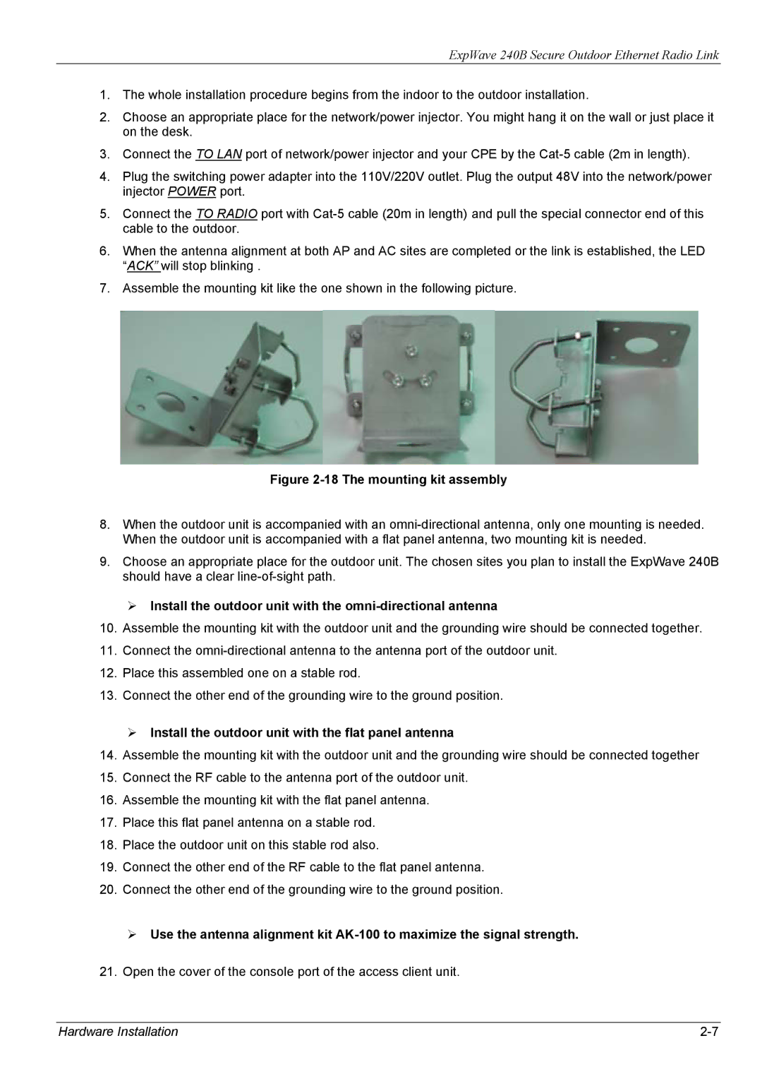 ZyXEL Communications 240B manual Install the outdoor unit with the omni-directional antenna 