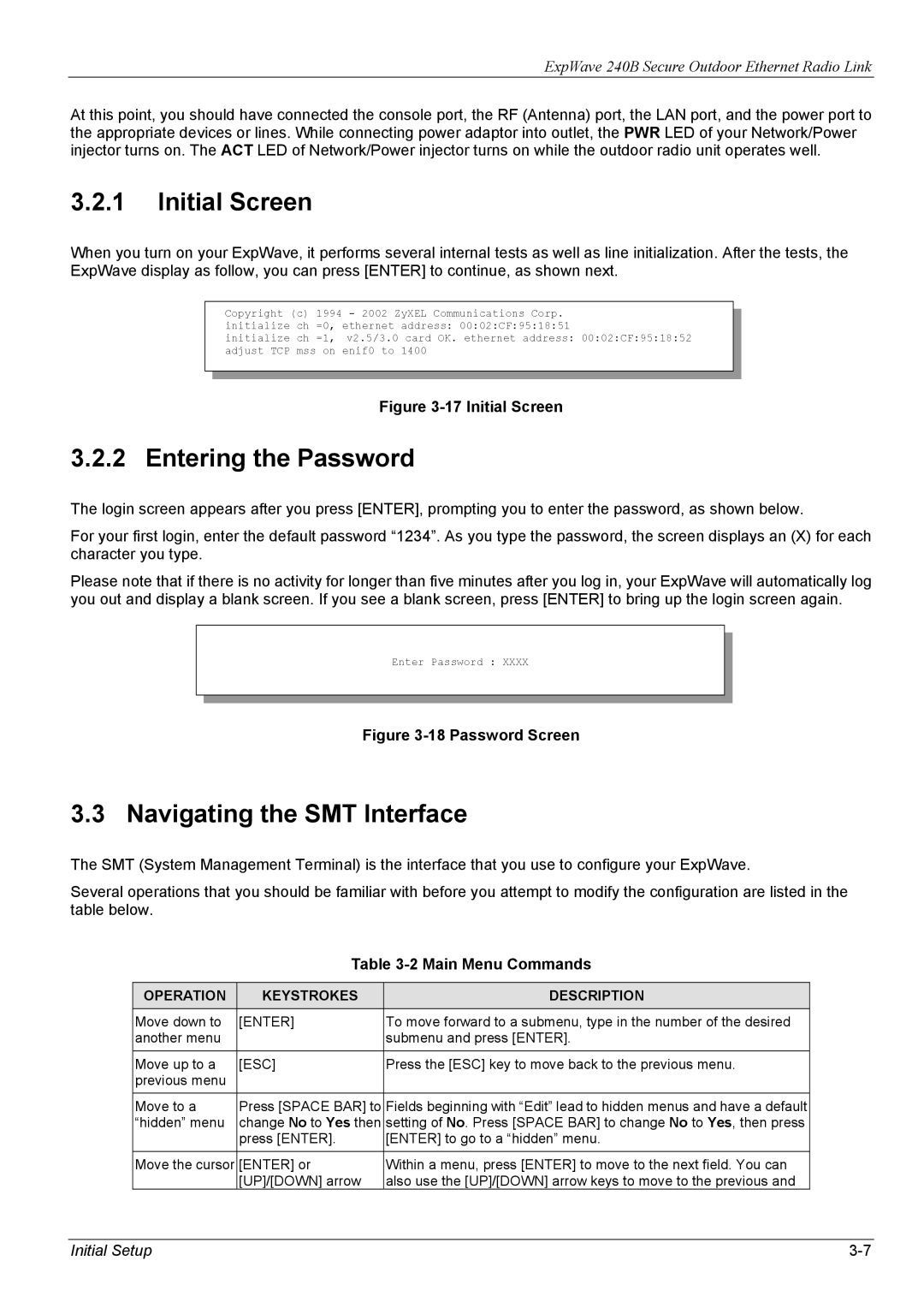 ZyXEL Communications 240B manual Initial Screen, Entering the Password, Navigating the SMT Interface, Main Menu Commands 