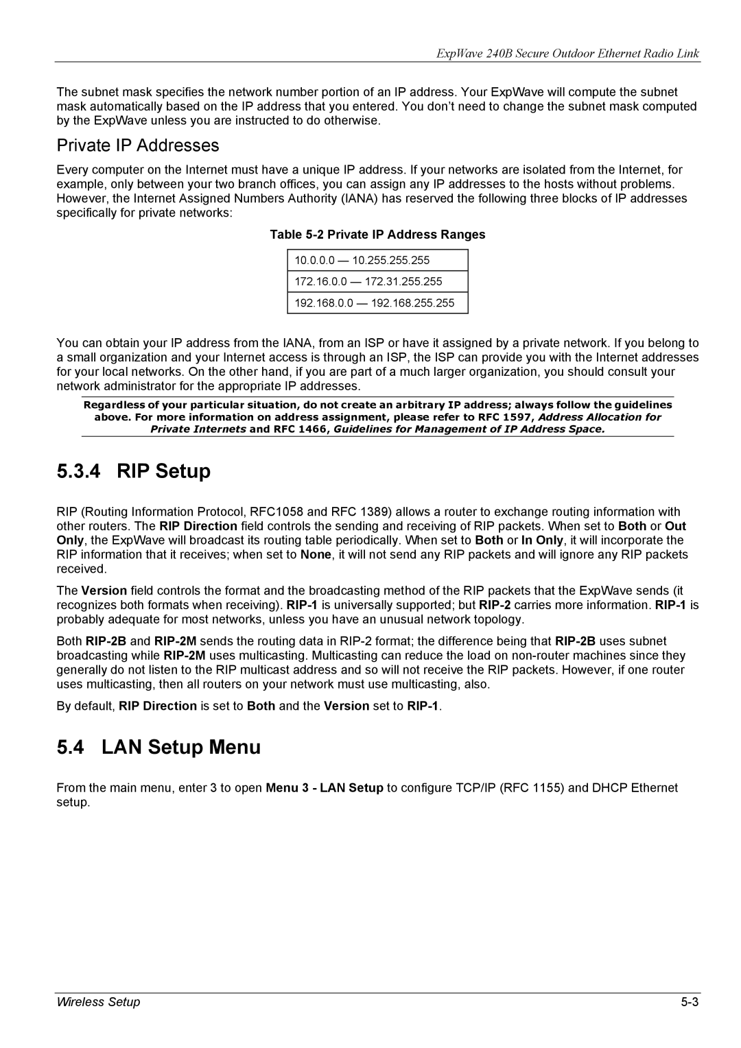 ZyXEL Communications 240B manual RIP Setup, LAN Setup Menu, Private IP Address Ranges 