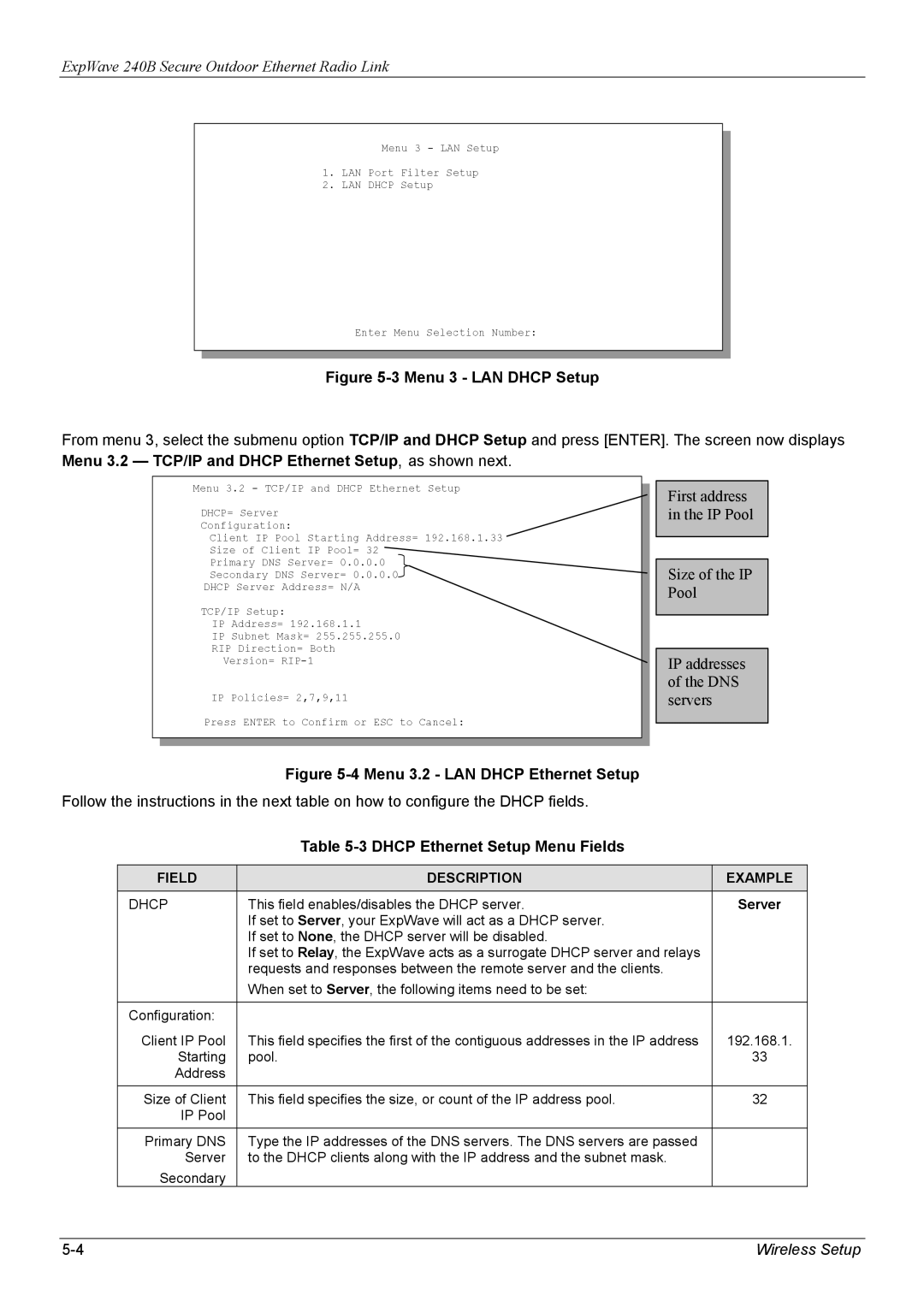 ZyXEL Communications 240B manual Menu 3 LAN Dhcp Setup, Dhcp Ethernet Setup Menu Fields 