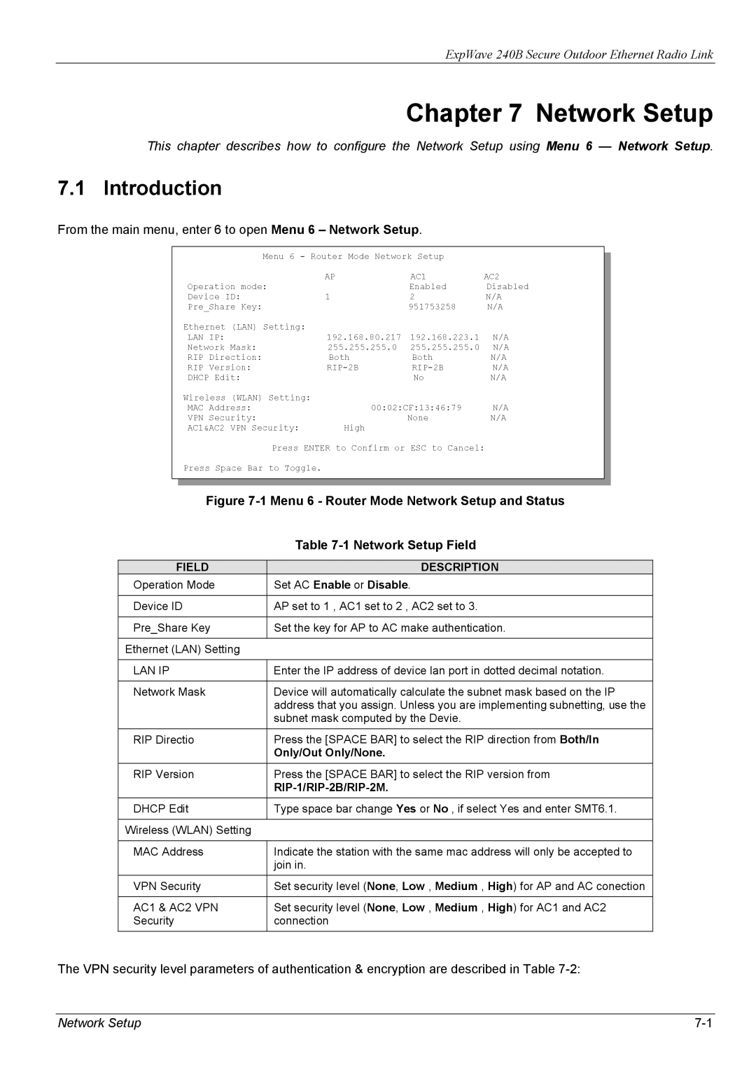 ZyXEL Communications 240B manual Network Setup Field, Set AC Enable or Disable, Only/Out Only/None 