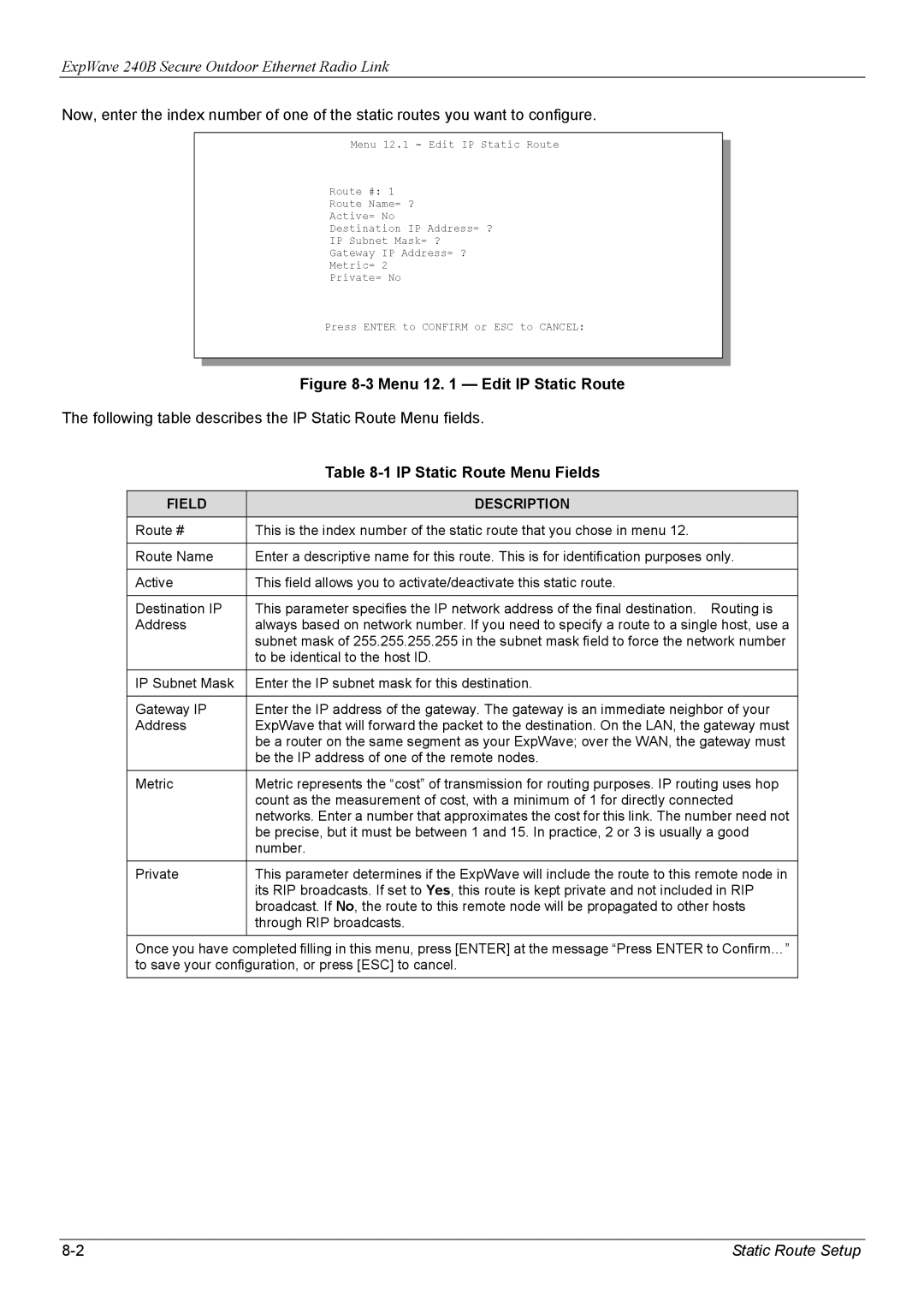 ZyXEL Communications 240B manual Menu 12 Edit IP Static Route, IP Static Route Menu Fields 