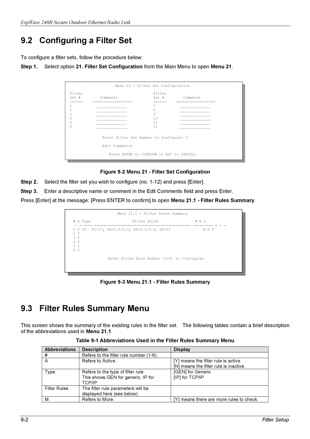 ZyXEL Communications 240B manual Configuring a Filter Set, Filter Rules Summary Menu, Abbreviations Description Display 