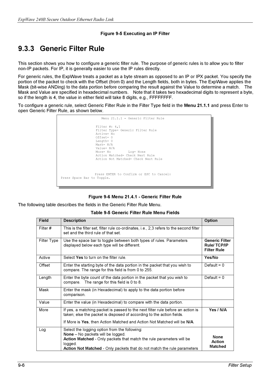 ZyXEL Communications 240B manual Generic Filter Rule Menu Fields 