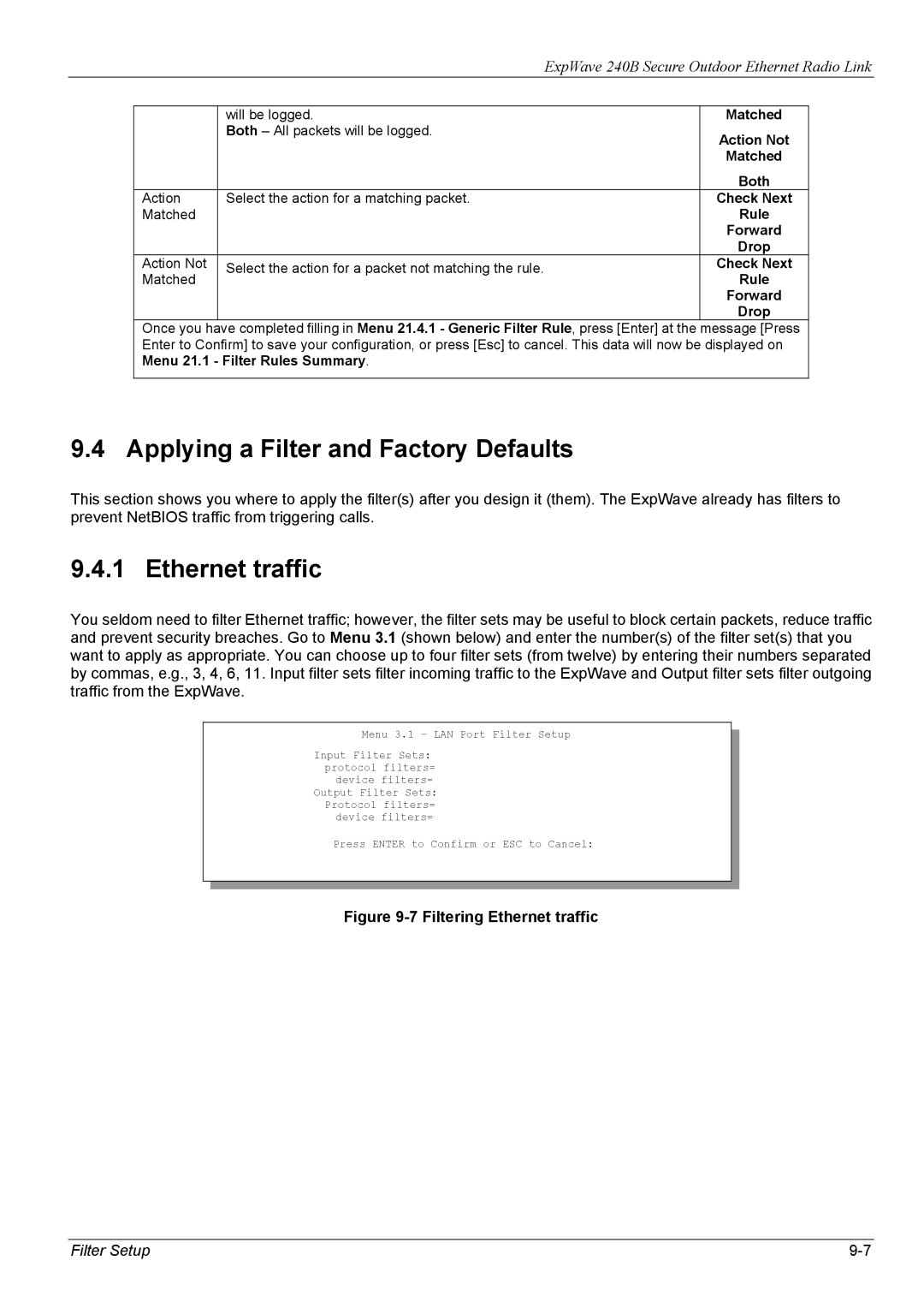 ZyXEL Communications 240B Applying a Filter and Factory Defaults, Ethernet traffic, Check Next Matched Rule Forward Drop 