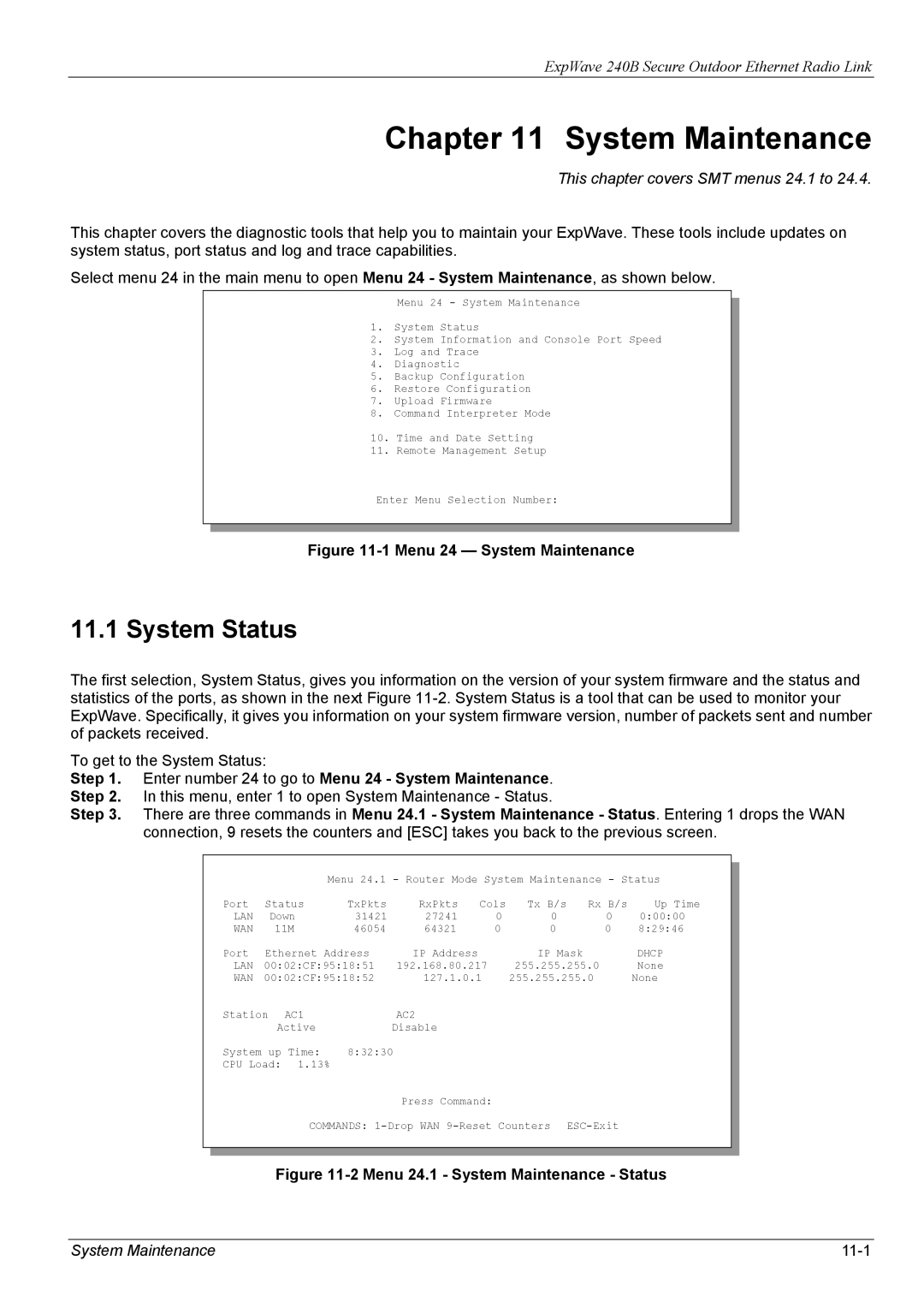 ZyXEL Communications 240B manual System Maintenance, System Status, This chapter covers SMT menus 24.1 to 