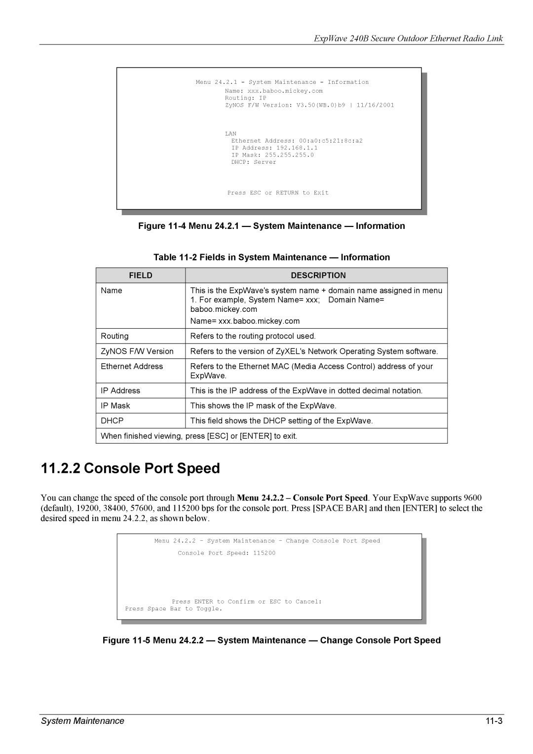 ZyXEL Communications 240B manual Console Port Speed, System Maintenance 11-3 