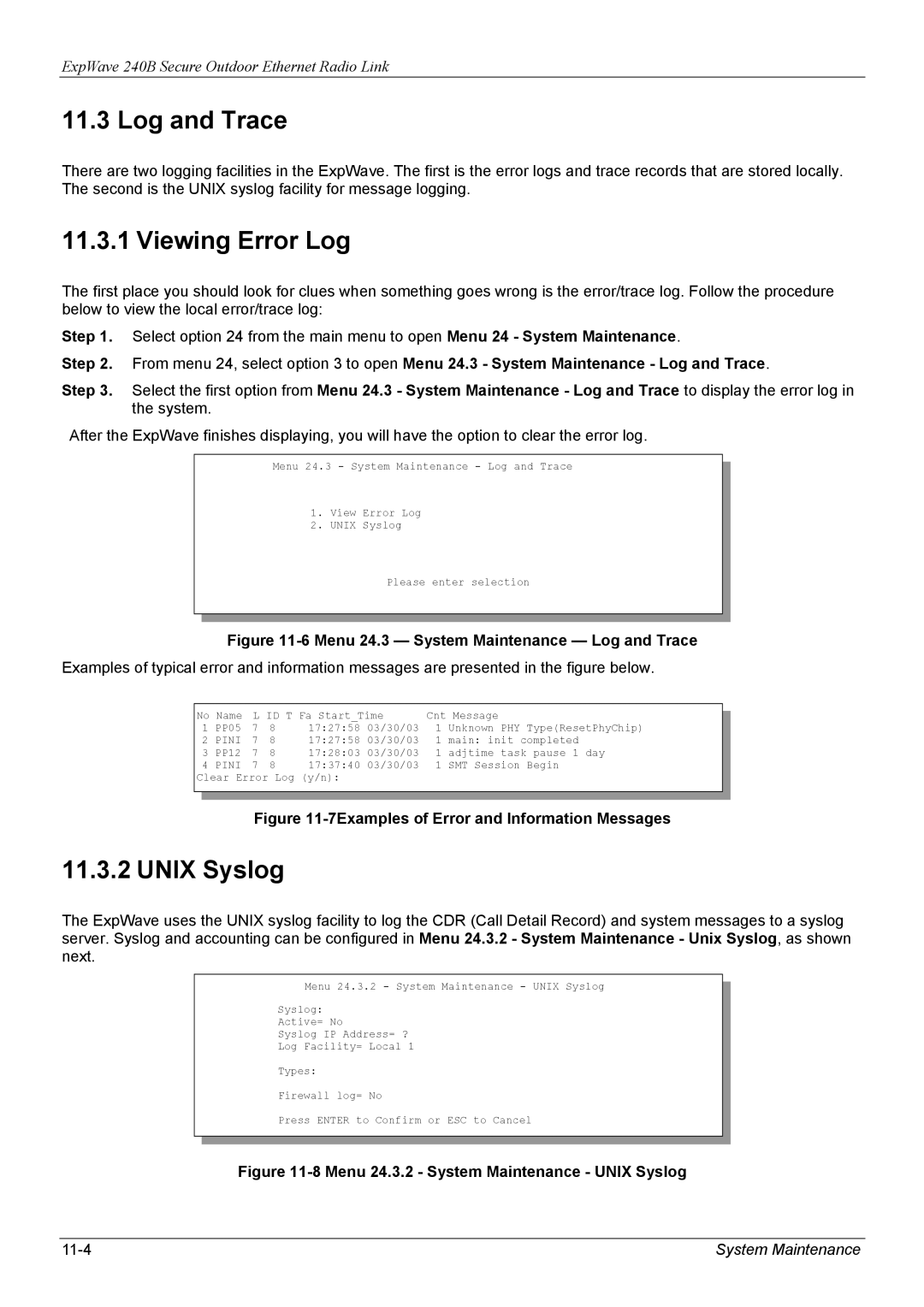 ZyXEL Communications 240B manual Log and Trace, Viewing Error Log, Unix Syslog 