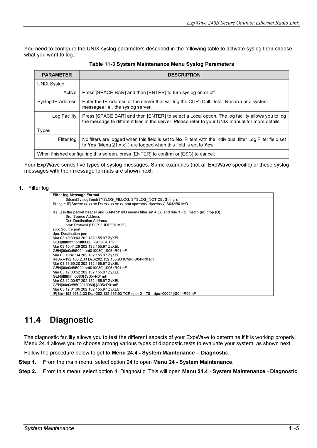 ZyXEL Communications 240B manual Diagnostic, System Maintenance Menu Syslog Parameters, System Maintenance 11-5 